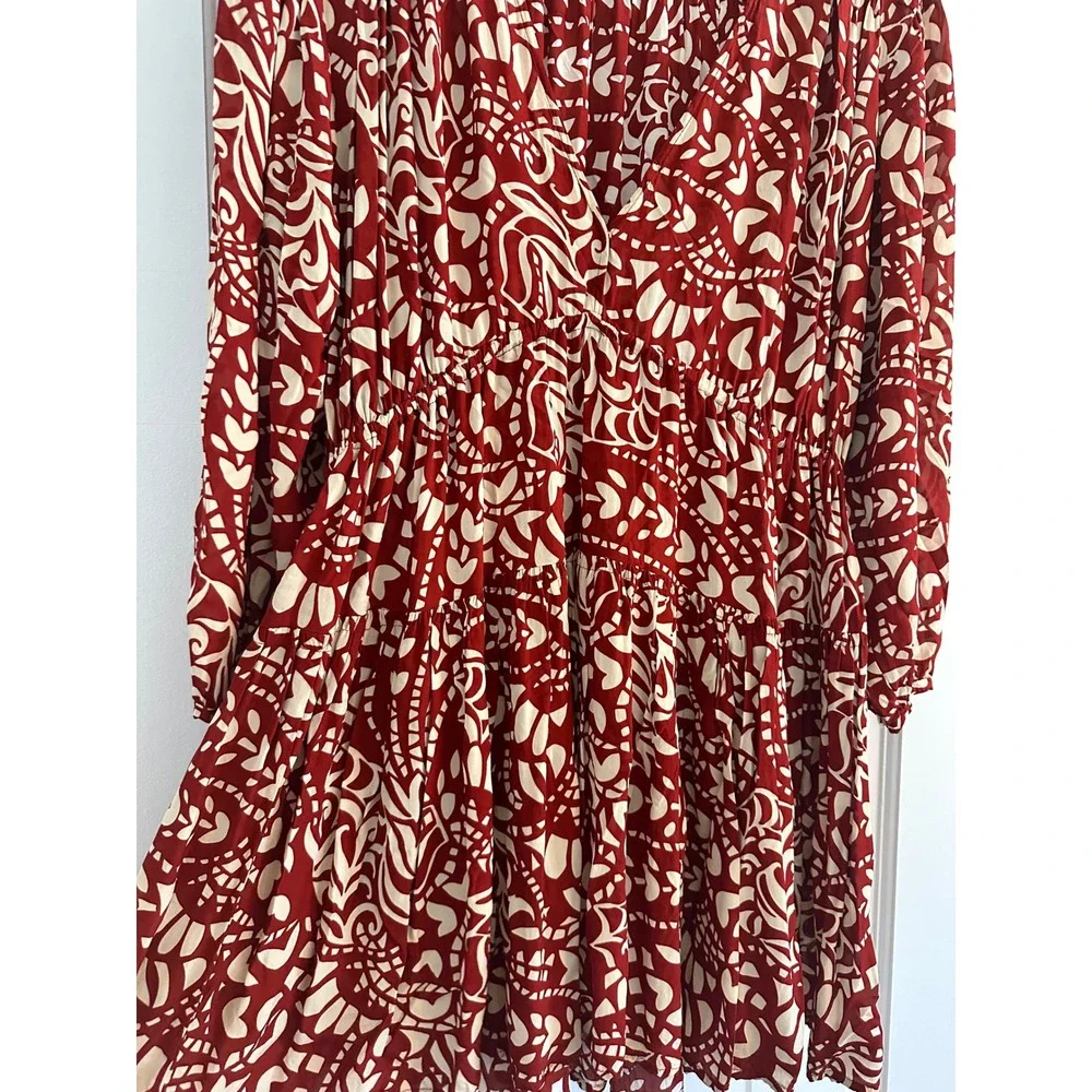 ba&sh Lady Dress Red Cream Abstract Print V-Neck Mini Dress Womens Size M‎